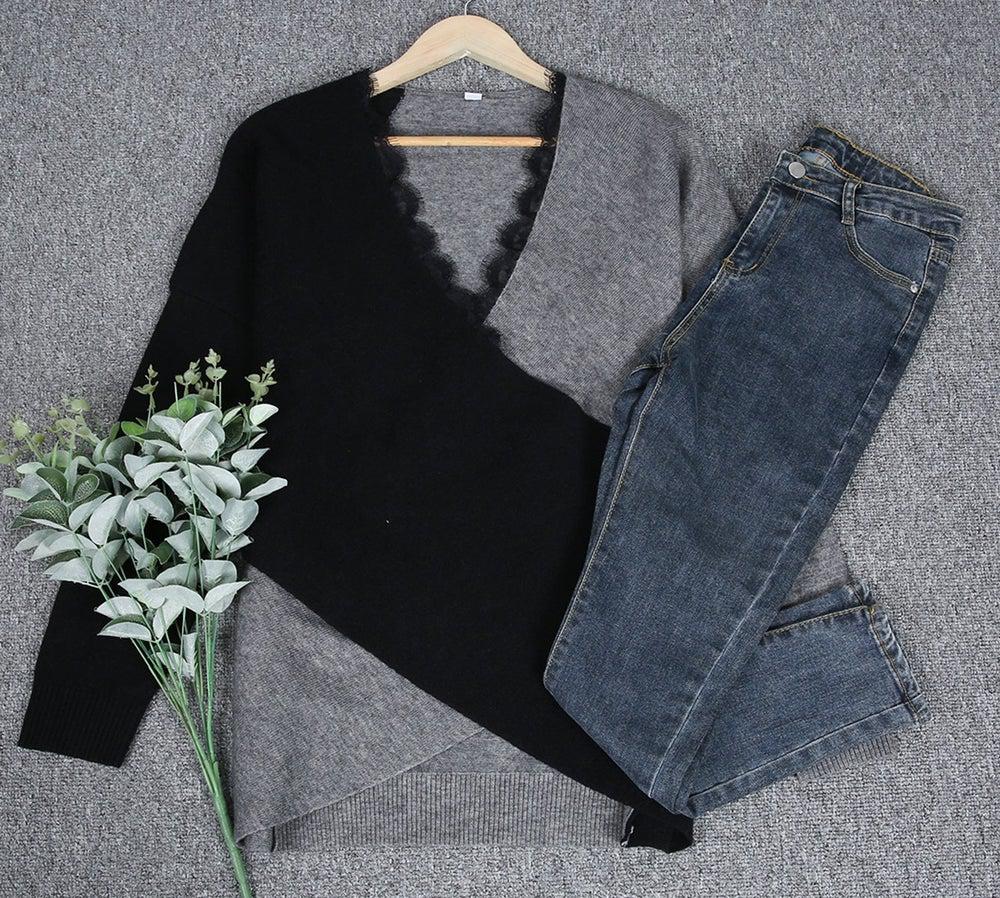 CAMILLE | Pull à Manches Longues avec Design Bicolore et Col V